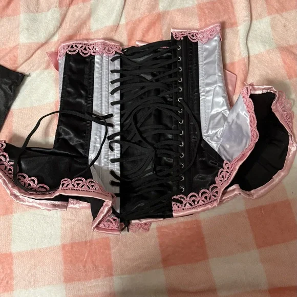 New Black and White Striped with Pink accents Boned Underbust corset - Picture 5 of 6